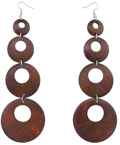 COIRIS Big Round Circle Wood Drop Dangle,Boho Hippie Long Wooden Earrings Dangle Earrings with Silver Hook for Women（ER1184-Circle Bronw）