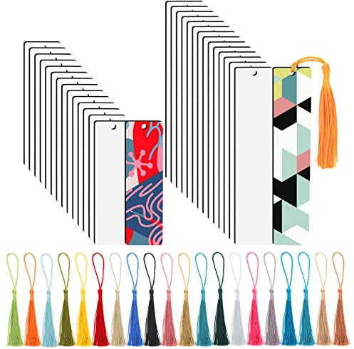 30 Stück Sublimationsrohlinge Lesezeichen Wärmeübertragung DIY Lesezeichen mit Loch und bunten Quasten für Bastelprojekte, Geschenkanhänger, Geburtstag, Hochzeit, doppelseitig bedruckte Lesezeichen