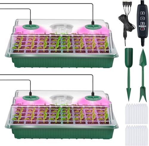 YAUNGEL Vassoio Germinazione con Luce di Coltivazione, Semenzaio Germinazione, Mini Serra Propagatore con Luminosità Regolabile e Regolatore di Temporizzazione (Verde, A Scatto LED)