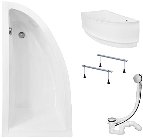 KOLMAN Badewanne PRAKTIKA Eckbadewanne 150x70 Links mit AcrylSchürze, Ablaufgarnitur und Füßen Komplettset 4in1 Premium Original Acryl Wanne Siphon