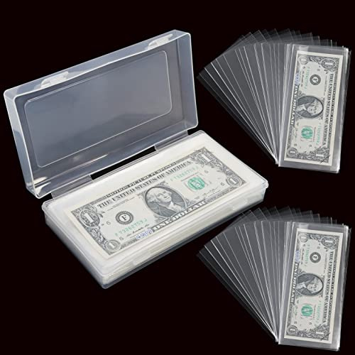 VOCHIC 200 Pieces Dollar Bill Holder with Storage Box, 6.8 x 3.18 inch Clear Paper Money Sleeves,Currency Sleeves, Silver Dollar Coin Holders Organizer for Cash Collectors Banknotes,Stamp