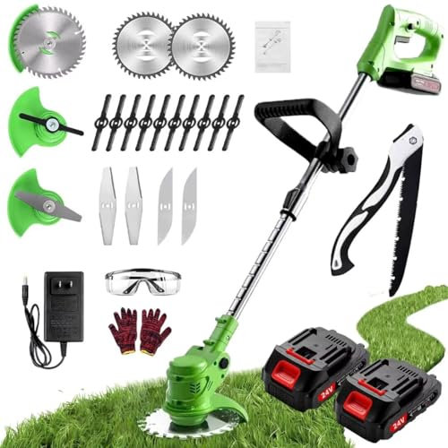 Debroussailleuse Electrique sans Fil, Débroussailleuse à Batterie Brushless avec 2 Batteries de 2,0 Ah et Chargeur, Coupe Bordure sans Fil avec 3 Lames Différentes, Longueur Réglable