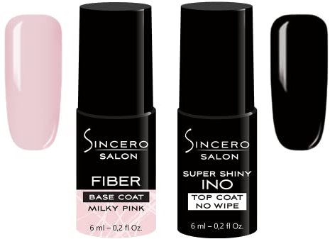 Sincero Salon- Fiberglass Gel Base Milky Pink und Top Coat Gel Super Shiny INO - Unterlack und Überlack - UV Nagellack für Maniküre - Schutz vor Kratzern - Nagelhärter