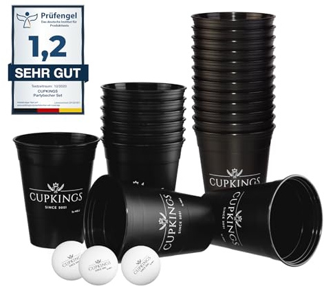 CUPKINGS Becher Set 22 Stück – 473 ml / 16 oz – Hartplastik – Spülmaschinenfest & Wiederverwendbar – Mehrwegbecher für Party & Festival - Schwarz