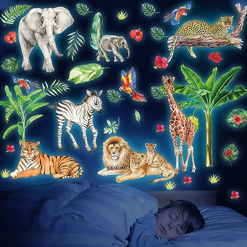Wandtattoo Safari Tiere, Dschungeltiere Leuchtend Wandaufkleber Leuchtsticker Tiere Wandsticker Dschungel Leuchtaufkleber Wandtattoo für Kinderzimmer Mädchen Jungen Schlafzimmer Babyzimmer Deko