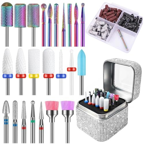 Depvko 25-delars nagelborr, fräs, bits set med silverhållare och 50 st slipband, volframkarbid, keramik, diamantnagelfräs, tillbehör, 3/32 tum avlägsnande av akryl poly nagelgel nagellack