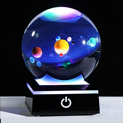 Movdyka 8cm 3D Colorful Solar System Crystal Ball Astronomy Gifts for Men | Planets Model Glass Globe Statue Presents for Kids Son, Lights Base, Science Universe Ornament for Home, Celestial Decor