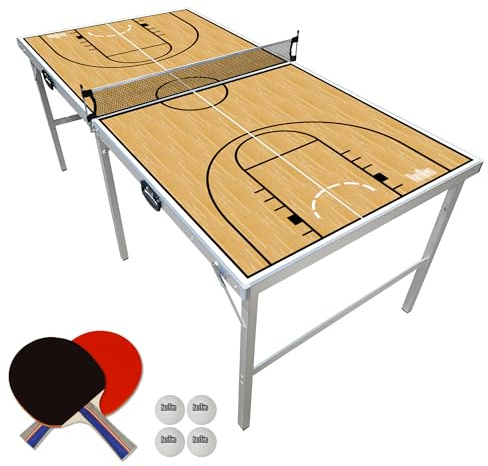 PartyLife Basketball 6 ft x 3 ft Ping Pong Table Tennis Table w/Game Kit | Mid-Size Portable Folding Indoor Outdoor Ping Pong Table Tennis Table | Kids & Adults | Game Room | Not Full Size