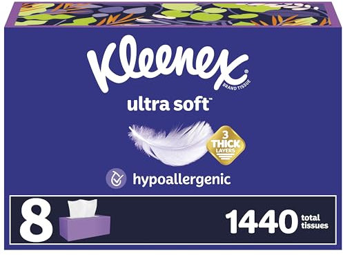 Kleenex Ultra Soft Facial Tissues, 8 Flat Boxes, 180 Tissues per Box, 3-Ply, Packaging May Vary