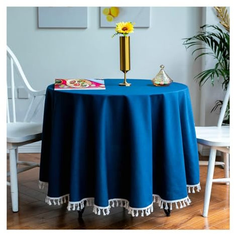 Tischdecke Küche, Tischdecken 180CM Baumwolle Leinen Tischdecke Abwaschbar Landhausstil Einfarbig mit Quasten Tischdecken für Gartentisch, Dunkelblau