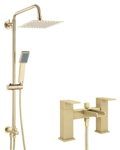ENKI BBT0267 Plaza Waterfall Square Rigid Riser Kit, Brushed Brass | Ceramic Disc Valve, 10-Year Guarantee, Rainfall Shower Head, Complete Set, Bathroom