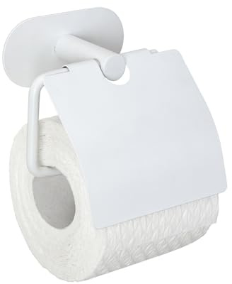 WENKO Turbo-Loc® Toilettenpapierhalter mit Deckel Orea White matt, Toilettenrollenhalter aus rostfreiem Edelstahl, 14 x 12,5 x 7 cm, Weiß