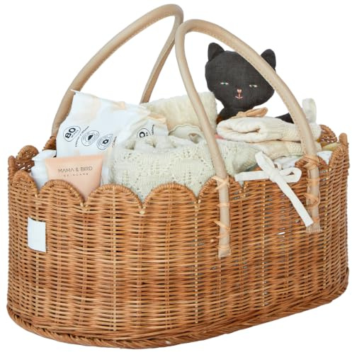 BEBE BASK Premium Baby Diaper Caddy Organizer - Handmade & Award-Winning Scalloped Rattan Basket - Luxury Diaper Caddy Basket - Elegant Scalloped Edge (Mocca)