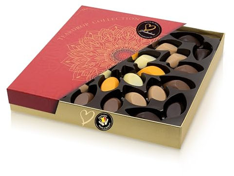 ePralinchen pralines de luxe belges | Teardrops | boîte rouge de luxe avec 320g de pralines assorties en forme de goutte avec amande, orange, caramel salé, etc. | fabriqué en Belgique