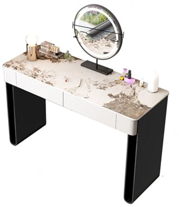 Ernqi Schminktisch mit LED-Spiegelbeleuchtung, Schieferoberfläche, Massivholzrahmen, Schubladenaufbewahrung, Schminktisch mit Stuhl, Make-up-Tisch, perfekt für Schlafzimmer (White,B_47.2IN)