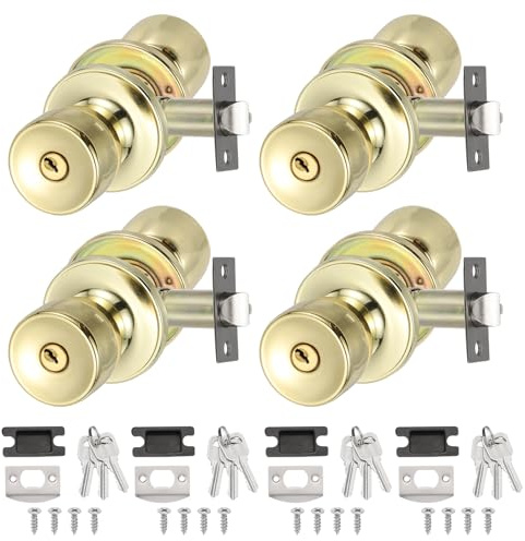 PATIKIL Key Entry Door Knobs Interior, 4 Pack Round Zinc Alloy Bedroom Bathroom Door Knob with Lock Entry Indoor Outdoor Door, Gold