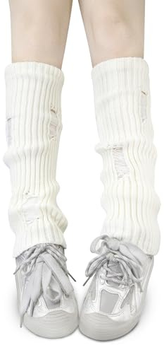 POMIJIAN Women's Leg Warmers for Girls Slouchy White Leg Warmers Gothic Accessories Long Leg Cover Stockings Party (R-White, One Size)