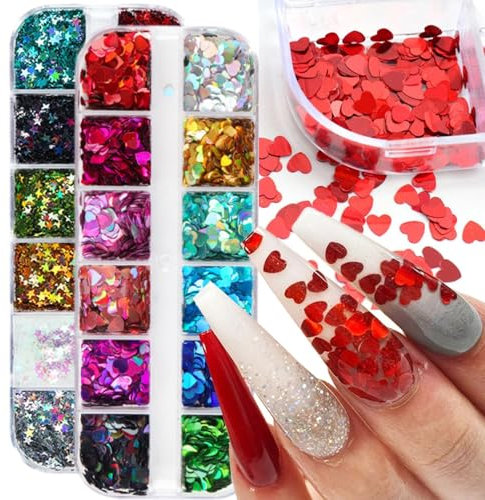 GZMAYUEN Herz Sterne Glitter Pailletten für Nail Art, 24 Farben 3D Funkeln Herzform Sterne Flocken Aufkleber Glitter Nagel Aufkleber für Nageldekoration