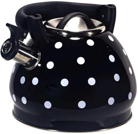 Bouilloire sifflante noire en acier inoxydable de 3,2 litres pour cuisinières à induction, gaz, électriques et halogènes avec motif à pois