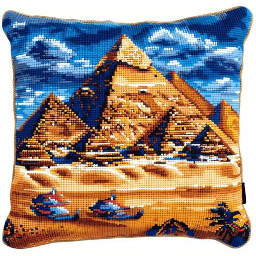 RKFLGEW DIY Kits De Almohadones Con Gancho De Pestillo，Paisajes De Pirámides Egipcias，Kits De Costura Para Fundas De Almohada，Kits De Hilo De Crochet Para Bricolaje，Juego De Bordado，Funda De 43x43cm