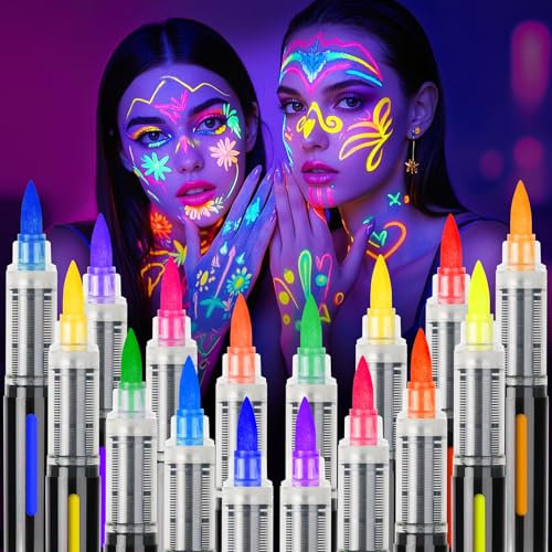 ThEast Lot de 16 peintures pour le corps fluorescentes UV fluorescentes dans l'obscurité sous la lumière UV, stylos de tatouage, lavables et respectueux de la peau, maquillage de théâtre, visage et