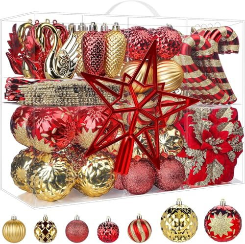 Alupssuc 128 Teiliges Weihnachtskugel Set, 2025 Neues Bruchsicherer Kugeln und Blumen, Ornamente für Weihnachtsbaum, Feiertage, Hochzeiten, Partys mit Haken, Rot und Gold