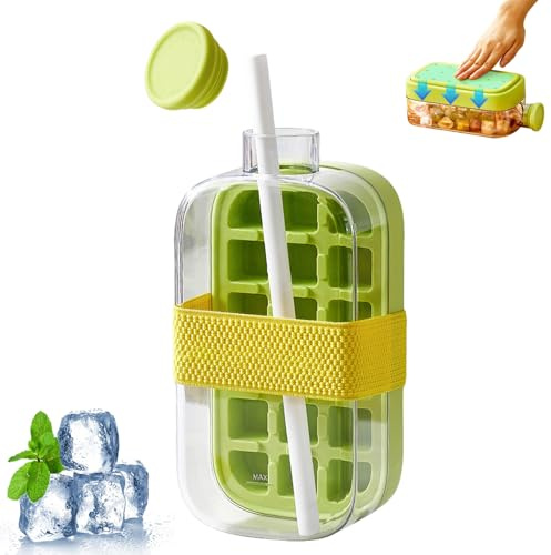 Bac à Glacon 2 en 1 avec Paille, Bac à Glaçons avec Couvercle,No Touch Bouteille de fabrication de glaçons, Pour La Fabrication De Glace à La Maison, Les Pique-Niques En Plein Air (Vert,800ml)