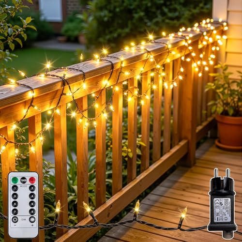 Soagrc Lichterkette Außen Warmweiß 25M 500 LED mit Grünem Kabel, IP44 Wasserdicht, Dimmbar, 8 Modi, Timer & Fernbedienung Outdoor Lichterkette für Garten, Balkon, Terrasse, Zaun, Weihnachtsbeleuchtung