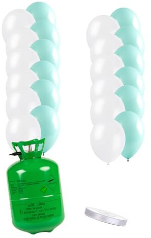 DEGUISE TOI - Kit bouteille d'hélium avec 12 ballons couleur menthe 12 ballons blancs et ruban - Lot à thème