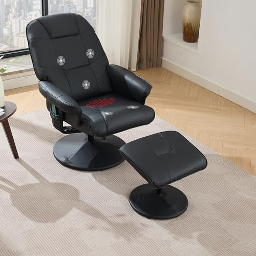 DEKKETO Relaxsessel mit Hocker, Fernsehsessel mit Liegefunktion, TV Sessel mit Metallfußstütze und Seitentasche, 360° Drehstuhl Wohnzimmer, PU Leder, Schwarz