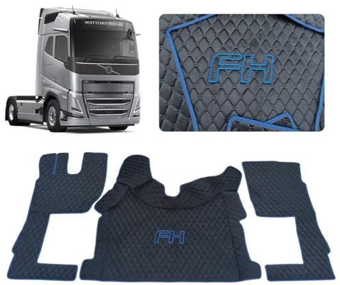 Autoteppich für die Fahrerkabine des LKW. Velour-Matte für VOLVO FH4 FH5 FH Aero (Schwarz, blaue Fäden)