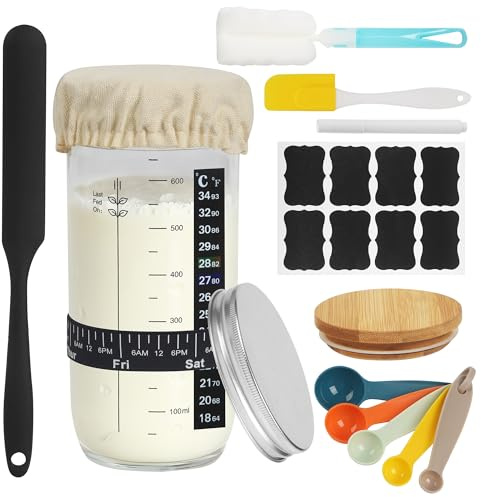Bocal de Démarrage pour Levain, Kit Boulanger Levain, Accessoire de Cuisson Réutilisable, avec Couvercle en Aluminium, Bande de Température, Toile de Fermentation, Bande d'alimentation Datée (700ML)