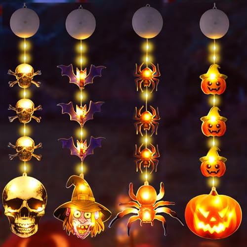 YOUYIKE 4 Stück Halloween Fensterdeko LED, Halloween Fenster Lichter, Saugnapf Hängende Hallowee Fensterlichter, Kürbis Spinne Hexe Schädel Fensterdeko Lichter, Batteriebetriebene für Fenster Deko