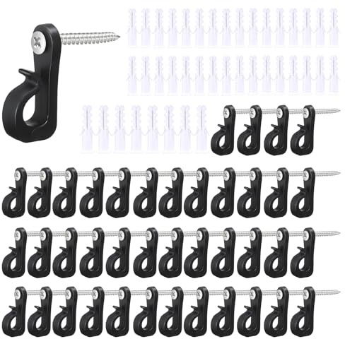 40 Pack Screw in Hooks Q-Hanger Black with Safety Buckle, Christmas Light Hooks Outdoor and Indoor Garland Hanger for Hanging Fairy Lights Plants, Fence Hook for Wood Patio Garden and Party Use
