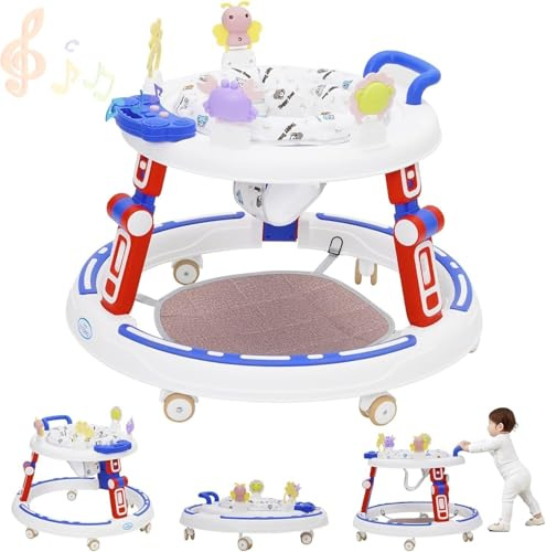 Lauflernhilfe Babywalker 5in1 mit Musikspielzeug, Fußstütze, 360-Grad-Stummschaltung, 6 Räder, 360° Rotating Seat Baby Lauflernhilfen, zur Faltbar, für Babys ab 6 Monaten Geeignet,Blau