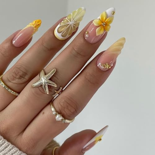 MouyouGlow Press on Nails Kurz,Almond Weiß French 3D Blumen Floral Seestern Shell Striped Pearl Design Mandel Y2k Fake Nails mit Nagelkleber,White Tips Flowers Sommer INS Künstliche Fingernägel