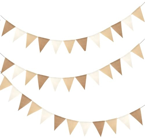 YAWYO 3-pack Utomhusbunting, Falskad Linneduk Födelsetrasa Banner För Fest, Dekoration Med Trianglar För Barnrum (Vit, Beige, Brun)