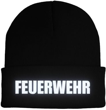 tshirtladen Beanie Mütze Bestickt mit reflektierendem Feuerwehr Schriftzug in Silber doppellagig elastisch Unisex Strickhaube für Herbst Winter Freizeit Arbeit Einsatz und Outdoor