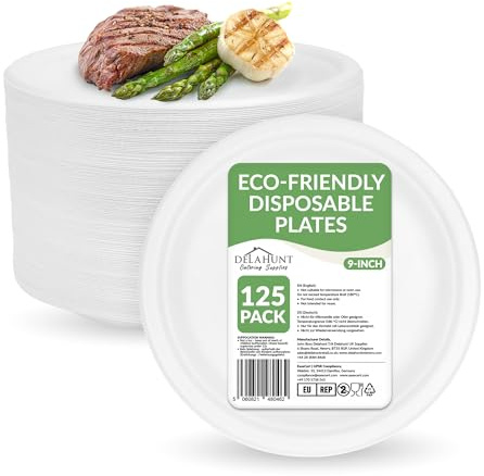 9-Inch Disposable Plates [125 Pack] - Heavy-Duty Eco-Friendly Moulded Plant Fibre Plates | Strong, White, PFAS & BPA-Free Compostable Tableware for Parties, Desserts, Events, Picnics, BBQs & Takeaways