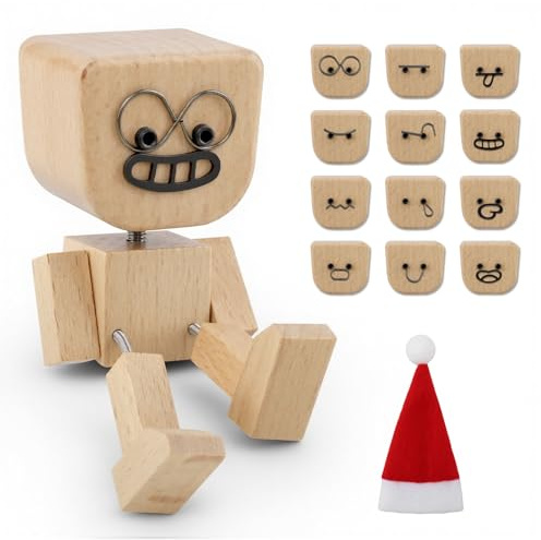 beuhugas 1PCS Shaking Tiny Feet Wooden Doll with Spring Legs with 12pcs Magnetic Expressions Funny Cars Ornaments Wood Desktop Decor, Car Dashboard Accessories