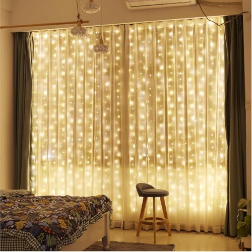 wisdom line Guirlande Lumineuse Rideau LED, 300 LED 3x3m, 8 Modes avec Télécommande, Lumières Décoratives pour Chambre, Fête, Mariage, Noël, Blanc Chaud