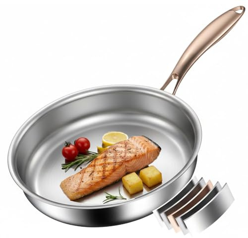 Akaice Edelstahlpfanne 28cm, Titan Pfanne Induktion, 18/10 Edelstahl Bratpfanne unbeschichtet mit Roségoldgriff ohne PTFE, PFAS, PFOA Für Gas, Elektro Induktion, Keramik Herd, Backofen, Geschirrspüler