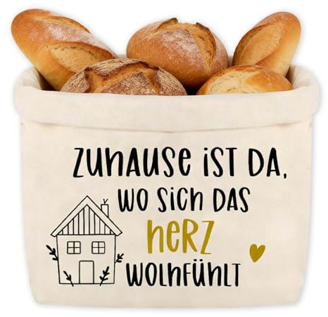 Einzugsgeschenke Wohnung & Einzugsgeschenke Haus - Brötchenkorb & Brotkörbchen aus Stoff, Faltbares Geschenk zum Einzug mit Spruch für Küche, Frühstück & Deko (Beige)