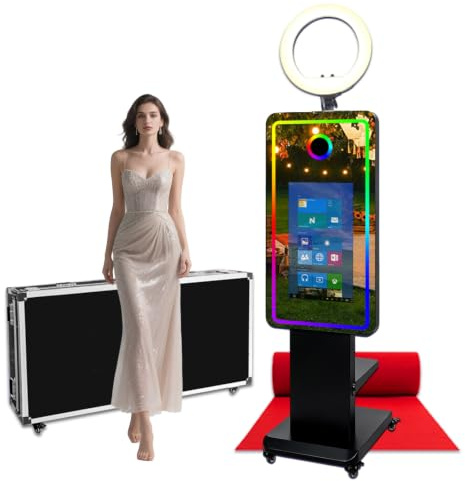 Magischer Spiegel-Fotokabine mit 54,6 cm (21,5 Zoll) Touchscreen, Fotokabinen-Maschine mit RGB-Licht, Ideen-Druck und Teilen für Veranstaltungen, Mietpartys (schwarz, Fotokabinen-Maschine)