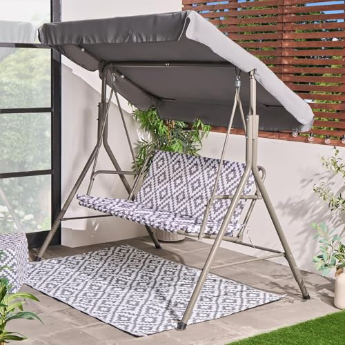 OHS Swing Bench, 3 Seater Outdoor Swing Chair Adjustable Canopy Cushioned Seats with Backrest Non-Slip Feet Garden Seat Relaxing Comfy Outdoor Patio Hammock Bench - Geometric Grey