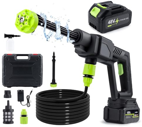 Akku Hochdruckreiniger,1060PSI Hochdruckreiniger mit 2 Akkus,6-in-1-Düse,5m Schlauch und Schaumkanone – Mobiler Hochdruckreiniger,Tragbarer Pistole für Auto,Terrasse,Garten,Fahrrad und Außenbereiche