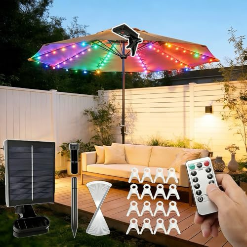 Sonnenschirm Beleuchtung Solar, LED Iichterkette für Sonnenschirm mit Fernbedienung und Clip, 8Modus Regenschirm Lichterkette, Sonnenschirmbeleuchtung LED, für Schirmdekoration, Campingzelte Party