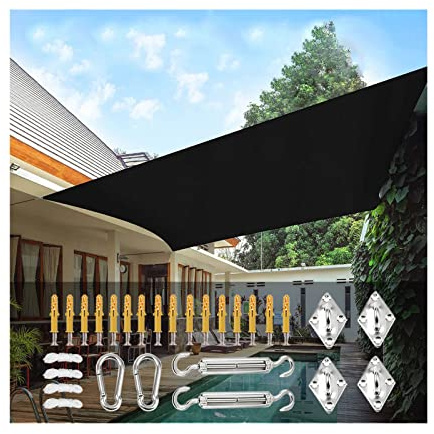 Waterproof Sun Shade Sails Rectangle Canopy 98% UV Block Sunscreen Awning Cover with Rope Fixing Kits for Outdoor Patio Lawn Garden Yard Balcony, Black