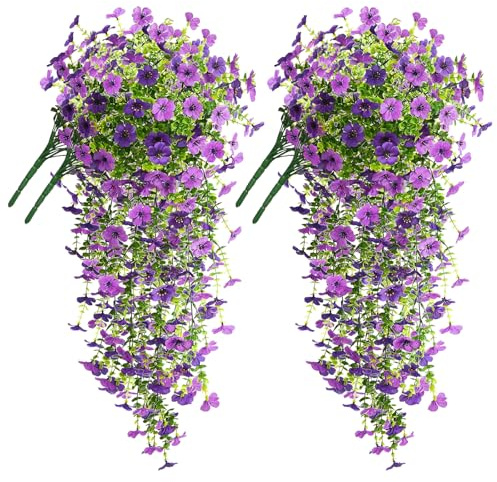 chenyu 4Pcs Artificial Flowers Outdoor Artificial Hanging Baskets Outdoor | Plastic Flowers Purple/Light Artificial Hanging Plants 76cm for Wedding Parties Faux Plants for Outdoors Violet Vines