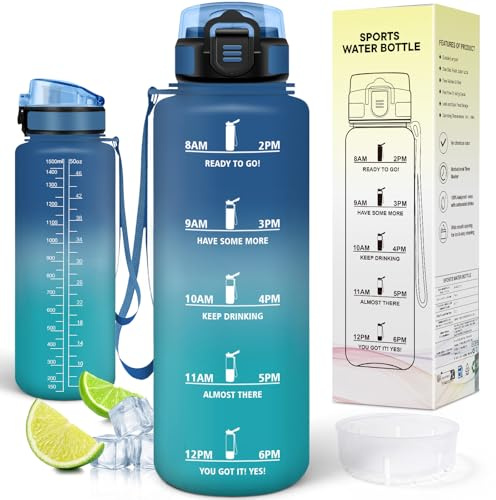 Motswedi Gourde Sport 1.5L, Bouteille d'eau avec Marqueur de Temps, Réutilisable, Gourde Sport, Anti-Fuite, Bouteille Plastique 1.5l, pour Fitness, Sport, Yoga, Randonnée, Bleu Vert